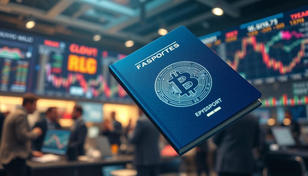 A European-style passport, its cover adorned with a swirling pattern of cryptocurrency symbols, hovers in the foreground. Behind it, a bustling financial market scene unfolds, with traders gesticulating and charts flashing across holographic displays. The atmosphere is one of innovation and progress, reflecting the dynamic crypto-asset landscape in the European Union. Soft, directional lighting illuminates the scene, emphasizing the sleek, futuristic design of the passport and the vibrant, technology-driven environment. The composition emphasizes the integration of traditional financial systems and the emerging crypto-asset market, hinting at the regulatory changes that will shape the future of European crypto investment.