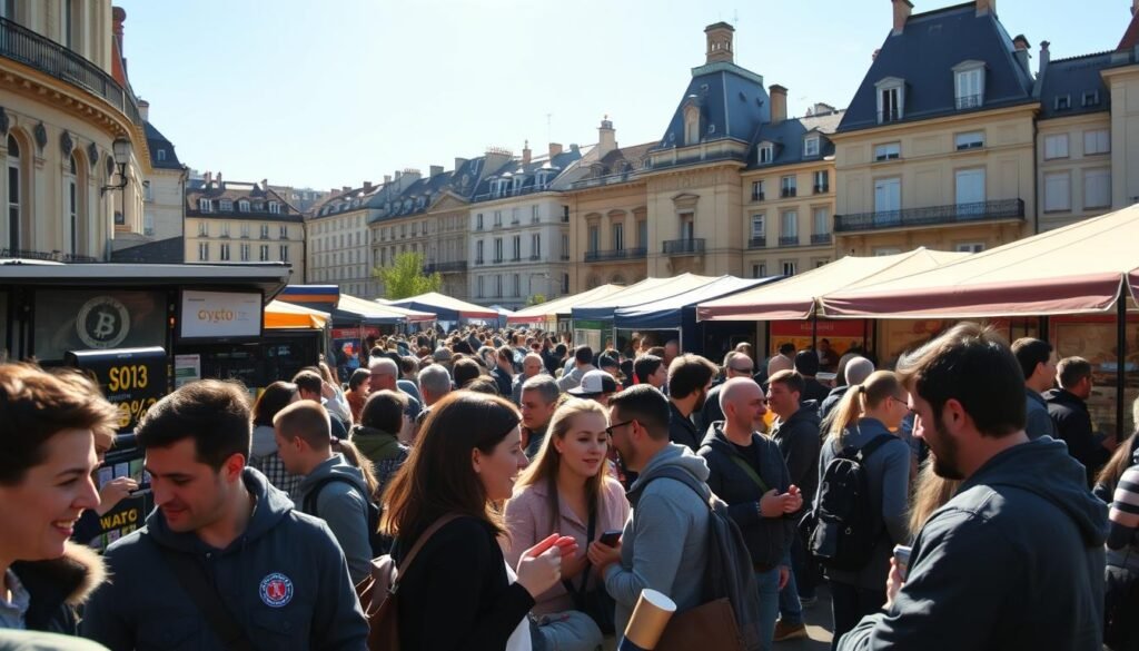 A bustling French crypto market in the heart of a vibrant city, captured under a warm afternoon sun. In the foreground, people excitedly exchange digital currencies, their faces alight with enthusiasm. The middle ground features various cryptocurrency-themed stalls and kiosks, displaying digital wallets, mining rigs, and informational displays. In the background, the iconic architecture of France sets the scene, hinting at the country's growing embrace of this innovative financial technology. The overall atmosphere conveys a sense of energy, progress, and the increasing mainstream adoption of cryptocurrencies in the region.