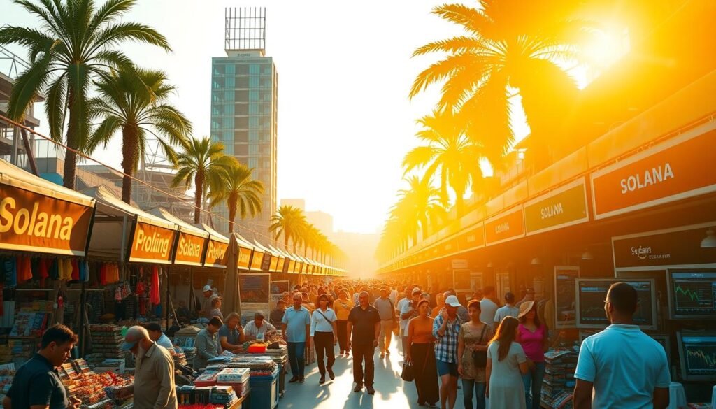 A bustling Solana marketplace in the warm afternoon sunlight, capturing the vibrant energy of the trading floor. The foreground showcases an array of stalls brimming with diverse crypto-related wares and digital assets, vendors enthusiastically engaging with potential buyers. The middle ground depicts a crowd of investors and traders intently studying market data displays and charts, making informed decisions. In the background, a towering Solana blockchain node casts a commanding presence, symbolizing the technological backbone powering this dynamic financial ecosystem. The scene exudes a sense of progress, innovation, and the steady growth of the Solana network.