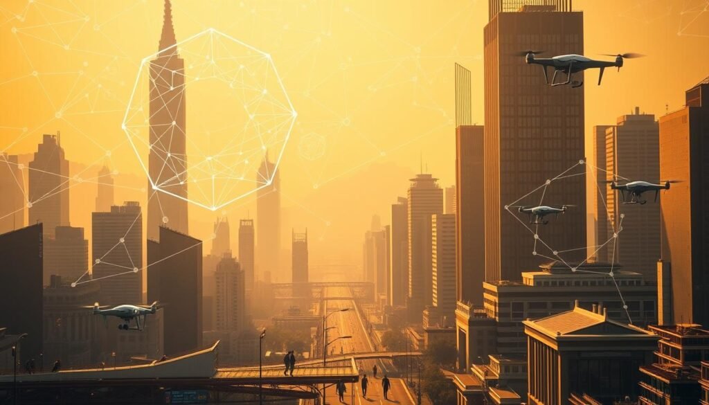 A bustling cityscape with towering skyscrapers and interconnected blockchain networks, bathed in a warm, golden glow. In the foreground, intricate blockchain diagrams and data visualizations hover, their dynamic lines and geometric shapes conveying the complex yet elegant nature of blockchain technology. In the middle ground, people move through the city, their devices and wearables seamlessly integrating with the blockchain infrastructure. The background is a hazy, futuristic landscape, with sleek autonomous vehicles and drones weaving through the urban landscape. The scene exudes a sense of technological progress, efficiency, and innovation, reflecting the wide-ranging applications of blockchain across industries.