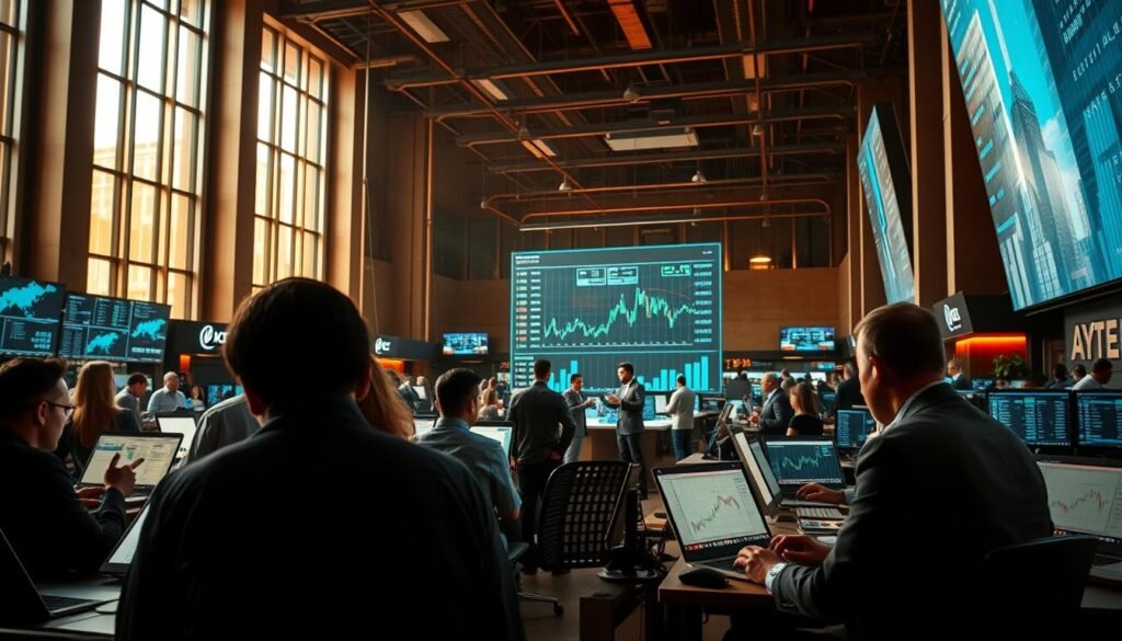 A bustling crypto trading marketplace, illuminated by warm natural light filtering through tall windows. In the foreground, a group of traders intently studying charts and graphs on their laptops, their faces lit by the glow of digital displays. The middle ground features a central trading platform, where brokers and analysts engage in lively discussions, gesturing towards holographic price tickers. In the background, rows of trading terminals are manned by focused individuals, the rhythmic clicking of keyboards punctuating the atmosphere. An air of focused intensity pervades the scene, as the ebb and flow of the crypto markets unfolds before the participants.