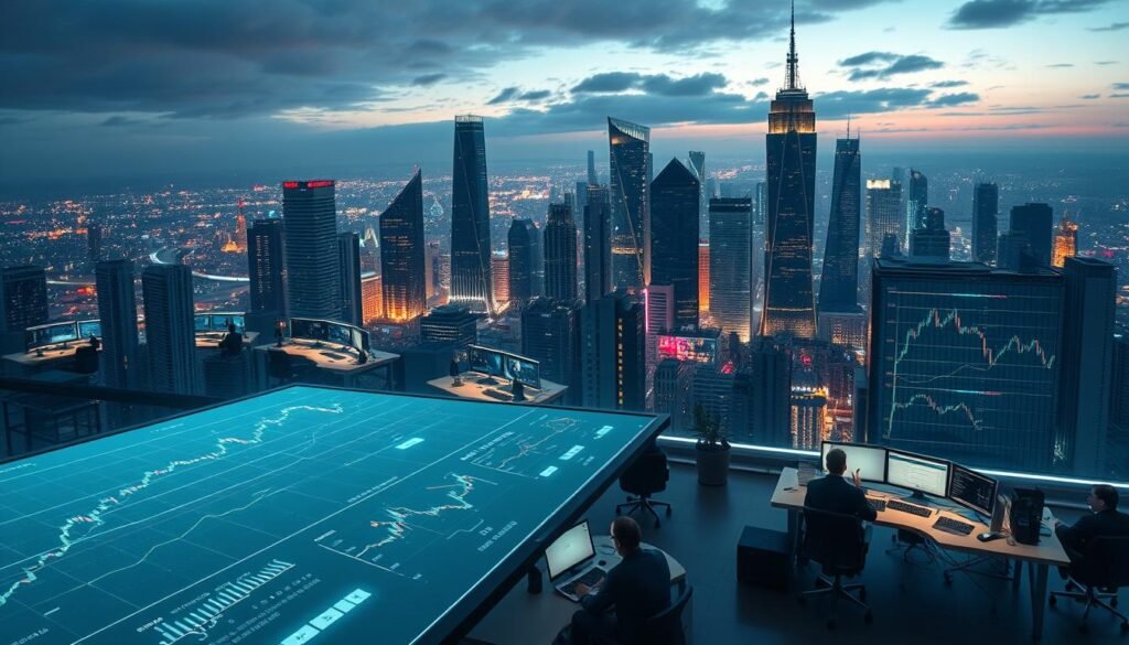 A bustling cryptocurrency exchange platform set against a backdrop of modern cityscape. In the foreground, a sleek, futuristic interface displays digital currency charts and trading data, illuminated by a soft, diffuse lighting. The middle ground features a team of analysts and traders collaborating at desks, surrounded by holographic displays and minimalist workstations. In the background, the silhouettes of towering skyscrapers and a vibrant urban skyline create a sense of scale and technological advancement. The overall atmosphere evokes a harmonious blend of cutting-edge finance, innovative technology, and the pulse of a thriving digital economy.