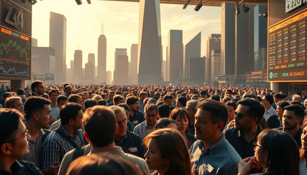 A bustling cryptocurrency market in 2025, captured with a wide-angle lens. In the foreground, a crowd of people engaged in animated discussions, their faces a mix of excitement and uncertainty. The middle ground features holographic displays showcasing the latest cryptocurrency trends, with fluctuating price charts and trading volumes. In the background, a towering skyscraper skyline reflects the growth and integration of digital assets into the financial landscape. The scene is bathed in a warm, golden light, creating an atmosphere of both opportunity and potential risk. The overall mood conveys the dynamic and rapidly evolving nature of the cryptocurrency market in the near future.