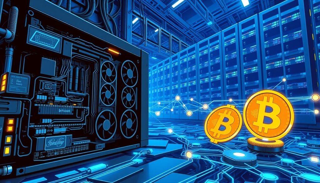 A complex Bitcoin mining process depicted in a stylized, technical illustration. In the foreground, a high-performance GPU mining rig with intricate circuit boards and cooling fans. In the middle ground, a series of interconnected blockchain nodes processing transactions, with glowing data streams and digital signatures. In the background, a towering data center filled with server racks, pulsing with the energy of the global cryptocurrency network. The scene is illuminated by cool, blue-tinted lighting, casting dramatic shadows and highlighting the advanced engineering and technology involved in the mining of digital assets. The overall mood is one of precision, innovation, and the seamless integration of hardware and software in the pursuit of cryptocurrency rewards.