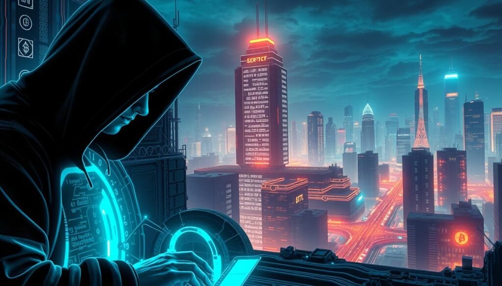 A cyberpunk-inspired landscape depicting the complexities of cryptocurrency security. In the foreground, a hooded figure peers intently at a glowing holographic display, their hands typing furiously. The middle ground features a towering data center, its servers pulsing with lines of code. In the background, a neon-lit cityscape stretches out, skyscrapers adorned with glowing cryptocurrency symbols. The scene is illuminated by a cool, futuristic lighting scheme, with sharp shadows and highlights accentuating the angular, high-tech architecture. The overall mood conveys the tension and urgency of navigating the volatile world of cryptocurrency security.