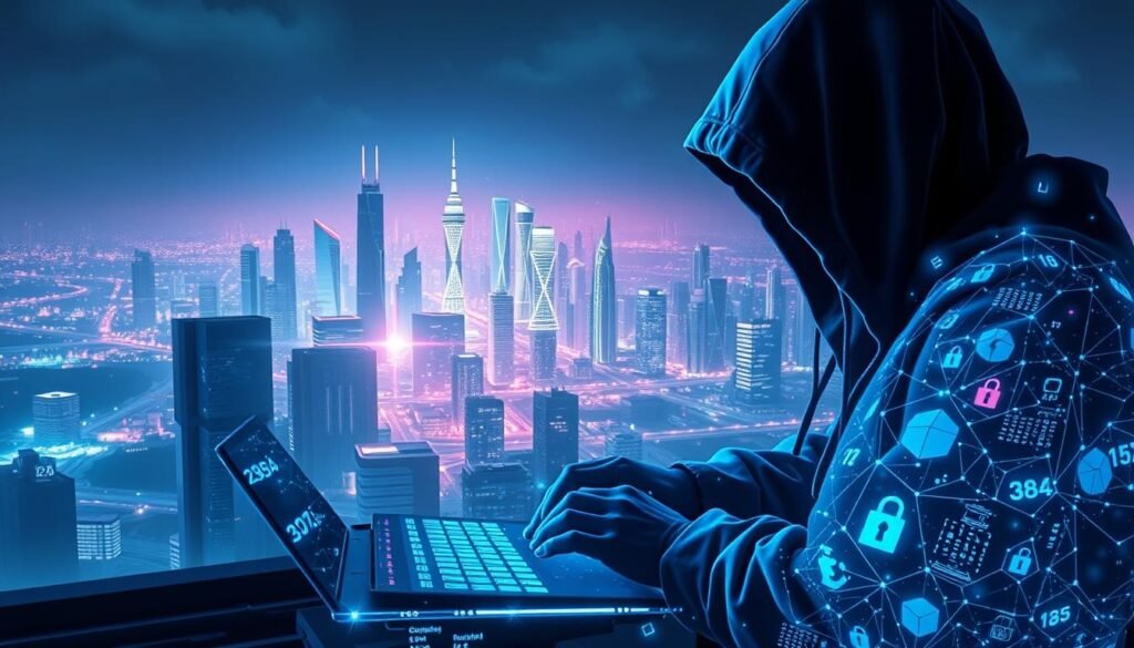 A cyberpunk-inspired scene depicting the intersection of cybersecurity and cryptocurrency. In the foreground, a hooded figure types furiously on a futuristic holographic display, surrounded by glowing polygonal structures representing encrypted data. In the middle ground, a cityscape of towering neon-lit skyscrapers and data centers stretches out, while in the background, a shimmering digital landscape of blockchain networks and cryptographic algorithms pulses with energy. The scene is bathed in a cool, moody palette of blues and purples, conveying the high-stakes, high-tech world of cryptocurrency cybersecurity.