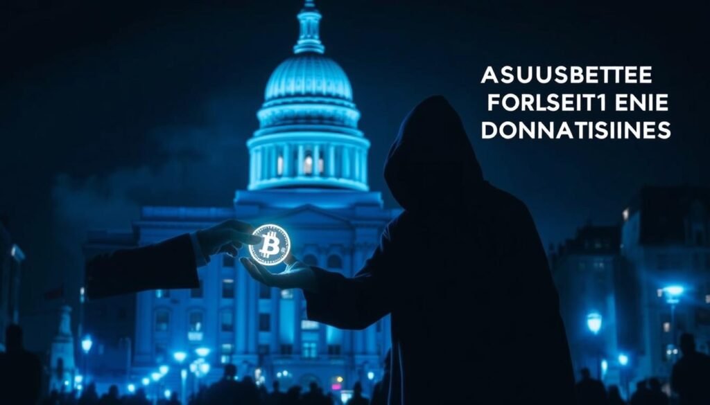 A dark, ominous cityscape at night, with a looming government building in the background. In the foreground, a shadowy figure in a hooded cloak is handing a glowing cryptocurrency token to another shady figure, their faces obscured. The scene is bathed in an eerie, blue-tinted lighting, creating a sense of unease and illicit activity. The image conveys the risks and sanctions associated with abusive cryptocurrency donations, hinting at the potential for government crackdown and legal consequences.