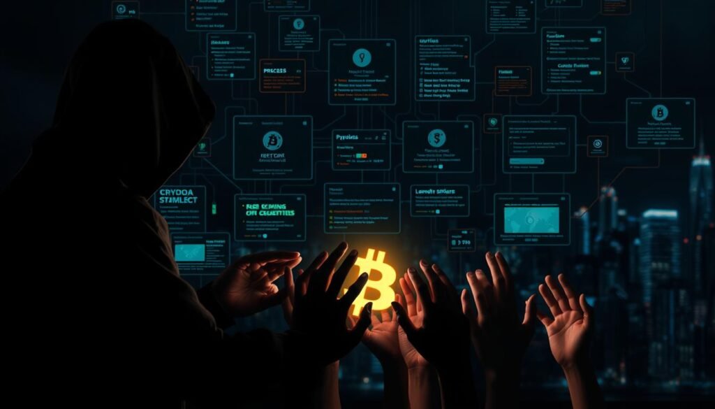 A dark, shadowy scene depicting various crypto fraud schemes. In the foreground, a malicious figure shrouded in a hooded cloak, their hands manipulating a series of complex digital interfaces. Behind them, a web of interconnected screens displays a labyrinth of cryptocurrency wallets, transactions, and phishing scams. The middle ground is filled with a cluster of disembodied hands reaching towards a glowing cryptocurrency symbol, symbolizing the unwitting victims. In the background, a blurred cityscape serves as a backdrop, hinting at the global scale of these criminal activities. The lighting is low and ominous, casting dramatic shadows and highlighting the sinister nature of the scene. An eerie, unsettling atmosphere pervades the image, conveying the gravity and danger of these crypto fraud schemes.