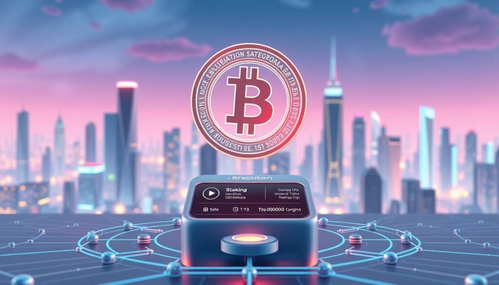 A detailed 3D illustration depicting the concept of cryptocurrency staking. In the foreground, a translucent crypto token hovers above a sleek, minimalist UI displaying staking information and controls. The middle ground features a series of interconnected nodes, representing the blockchain network and staking nodes. The background is a serene, futuristic cityscape with towering skyscrapers and a vibrant, neon-lit skyline. The overall scene conveys a sense of technological sophistication, financial security, and passive income generation associated with the staking of digital assets. Crisp lighting, smooth textures, and a cool color palette create a visually striking and informative illustration.
