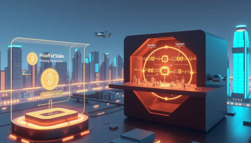 A detailed 3D render of the Proof-of-Stake staking process. In the foreground, a holographic interface shows the user staking their cryptocurrency tokens, with a visual representation of the staking mechanism. In the middle ground, a cutaway diagram illustrates the inner workings of the Proof-of-Stake consensus algorithm, with nodes validating transactions and earning rewards. In the background, a futuristic cityscape with skyscrapers and hovering vehicles sets the scene, conveying a sense of technological advancement. Lighting is clean and directional, with a cool color palette emphasizing the digital nature of the process. Camera angle is slightly elevated to provide an overview of the staking system.