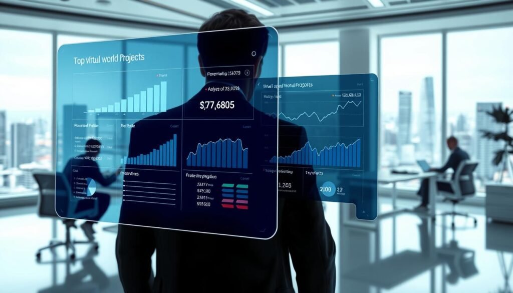 A detailed analysis of virtual crypto projects, showcased in a clean, professional manner. In the foreground, a holographic display presents financial data, charts, and key metrics for the top 3 virtual world projects. The middle ground features sleek, futuristic workstations with analysts diligently reviewing the information. The background depicts a minimalist, contemporary office setting with large windows overlooking a vibrant, digitally-rendered cityscape. Soft, indirect lighting creates a calm, focused atmosphere, while the camera angle provides a wide, balanced composition to convey the comprehensive nature of the analysis.