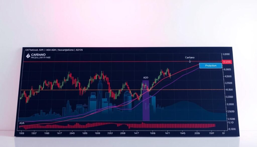 A detailed chart displaying Cardano (ADA) price forecasts and scenarios. The foreground features a large, colorful graph with multiple price projections and trend lines, showcasing potential ADA price movements. The middle ground depicts a futuristic city skyline, representing the technological landscape of the Cardano ecosystem. The background is a serene, pastel-colored gradient, creating a sense of depth and emphasizing the analytical nature of the visualization. The lighting is soft and diffused, lending a professional, data-driven feel to the image. The camera angle is positioned slightly above the chart, providing an optimal perspective for the viewer to analyze the price predictions.