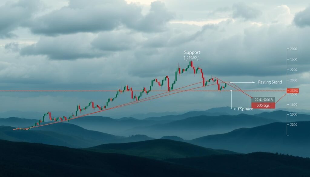 A detailed chart displaying various cryptocurrency market indicators, including support and resistance levels, and the overall trend direction. The chart is rendered against a backdrop of a serene landscape, with rolling hills and a cloudy sky, creating a sense of calm and contemplation. The chart elements are presented in a clean, minimalist style, with clearly marked support and resistance lines, as well as an intuitive representation of the current trend. The overall composition emphasizes the importance of understanding technical analysis concepts for successful crypto investing, while maintaining a visually appealing and cohesive design.