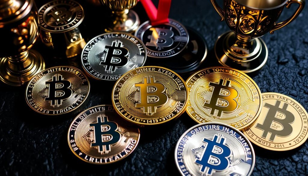 A detailed close-up view of various physical Bitcoin mining rewards, including shiny metallic Bitcoin coins, commemorative medals, and trophies, arranged on a dark, textured surface. The lighting is dramatic, casting dramatic shadows and highlights to emphasize the luxurious, premium feel of the rewards. The composition is carefully balanced, with the valuable Bitcoin tokens taking center stage, surrounded by supporting elements that convey a sense of achievement, prestige, and the financial potential of cryptocurrency mining. The overall mood is one of success, wealth, and the tangible rewards of dedicated mining efforts.