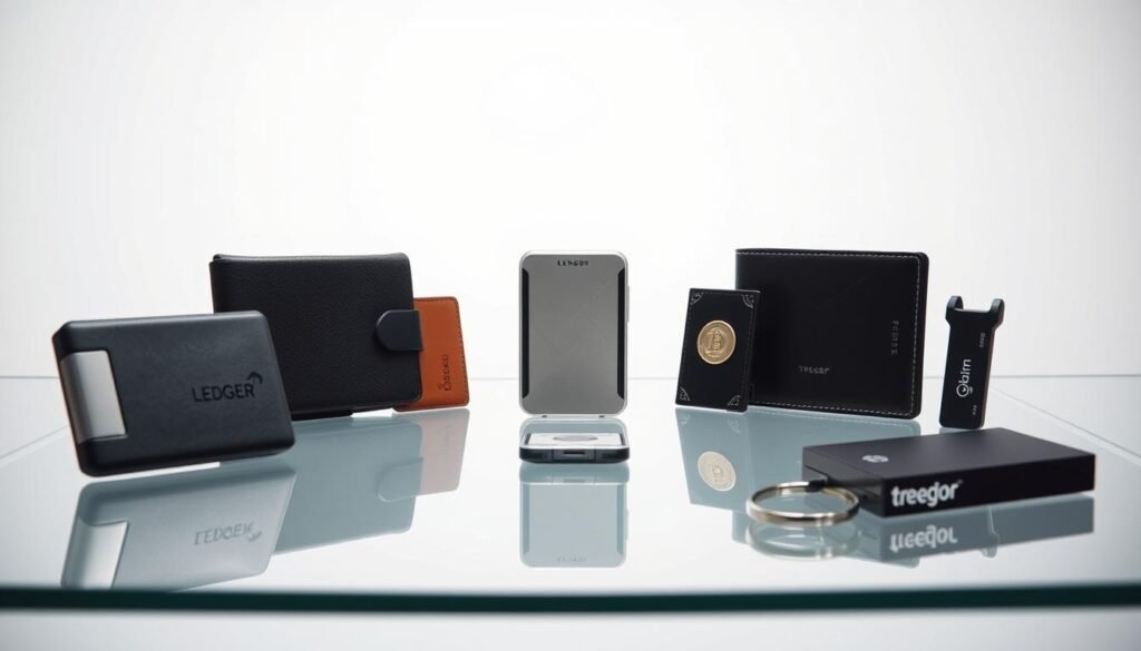 A detailed comparison of cryptocurrency hardware wallets showcased in a stylish, minimalist product display. A sleek glass table in the foreground features various wallet models - Ledger, Trezor, KeepKey - arranged with care, their distinct designs highlighted by dramatic studio lighting. In the middle ground, a clean white background creates an airy, professional ambiance. The composition emphasizes the wallets' tactile, high-quality materials and advanced security features, inviting the viewer to closely examine and compare the leading cold storage solutions for crypto assets. An elegant, refined aesthetic that reflects the sophistication and importance of securely managing digital wealth.