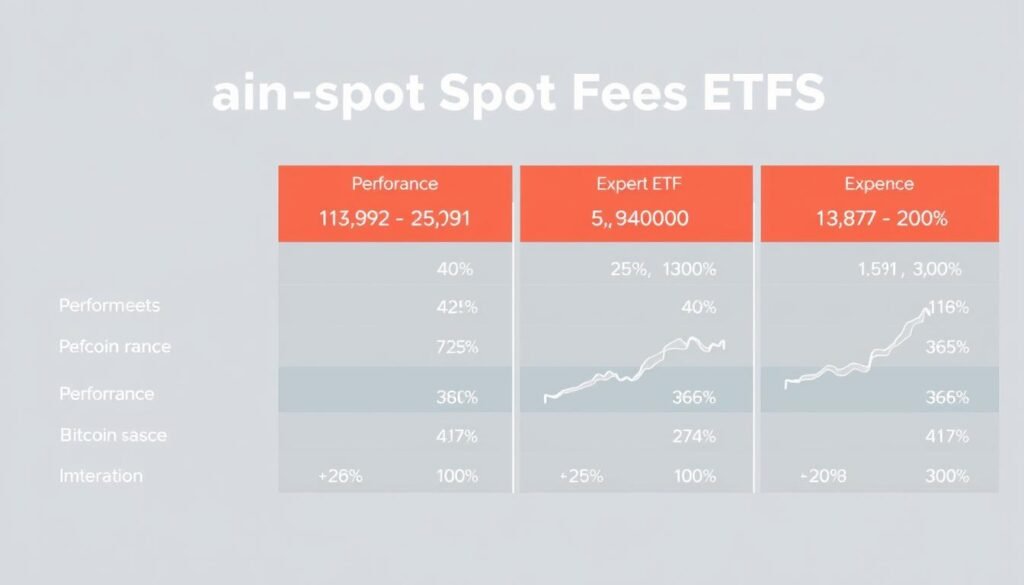 A detailed comparison of the performance and fees of various Bitcoin spot ETFs, showcased against a sleek, minimalist background. The image should convey a sense of financial analysis and informed decision-making, with clean lines, subtle gradients, and a color palette of muted blues, grays, and whites to create a professional, data-driven atmosphere. The composition should feature side-by-side visualizations of ETF performance metrics and expense ratios, presented in a clear, easy-to-understand manner to aid investors in selecting the most suitable Bitcoin spot ETF option.