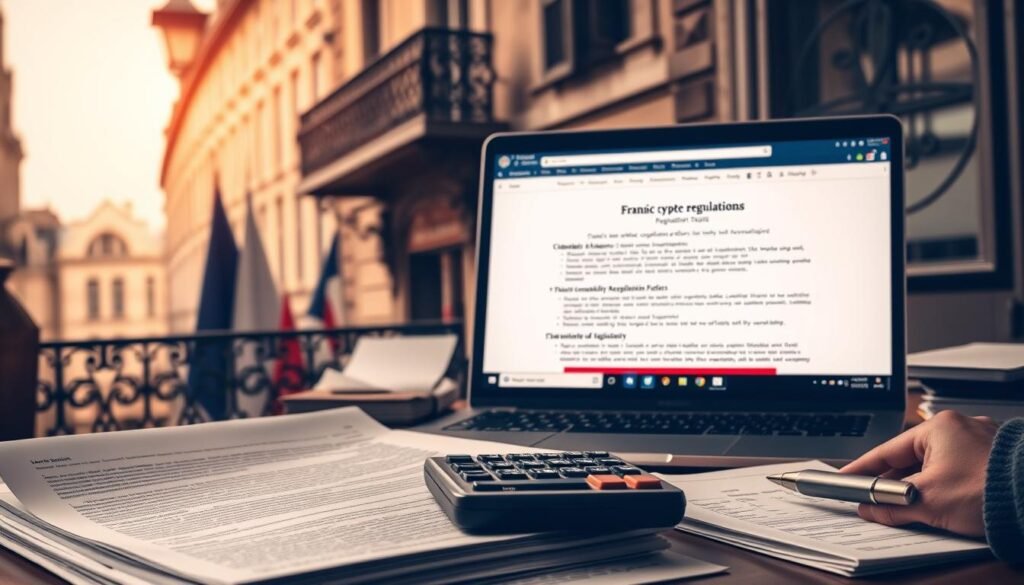 A detailed depiction of French cryptocurrency regulations, showcasing a sophisticated, highly technical landscape. The foreground features a stack of official-looking documents with complex legal jargon, conveying the intricate nature of the regulatory framework. In the middle ground, a laptop screen displays a web page outlining key compliance requirements, while a hands-on desk setup with a calculator and pen suggests the financial implications. The background subtly incorporates iconic French architectural elements, such as a wrought-iron balcony or a cobblestone street, grounding the scene in the nation's cultural context. Warm, neutral lighting and a muted color palette evoke a sense of professionalism and authority, befitting the seriousness of the subject matter.