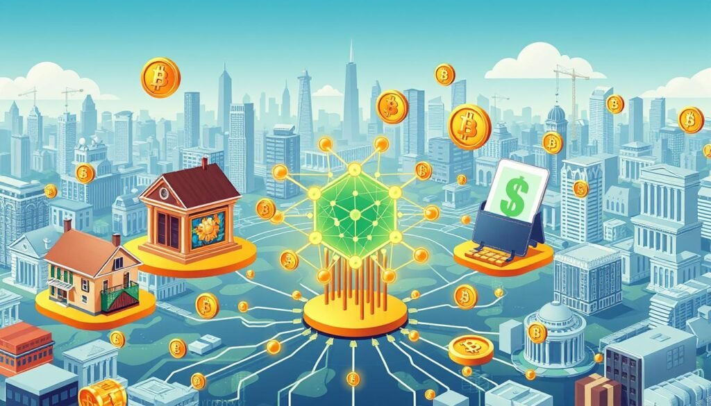 A detailed digital illustration depicting the process of asset tokenization. In the foreground, a central hub of blockchain technology symbolizes the digital infrastructure powering the tokenization. Surrounding it, various real-world assets such as real estate, fine art, and precious metals are being transformed into tokenized digital representations. The middle ground shows the secure and transparent transfer of these tokenized assets between digital wallets. In the background, a cityscape with skyscrapers and financial institutions hints at the integration of this technology into the traditional financial system. The image conveys a sense of innovation, efficiency, and the convergence of physical and digital realms.