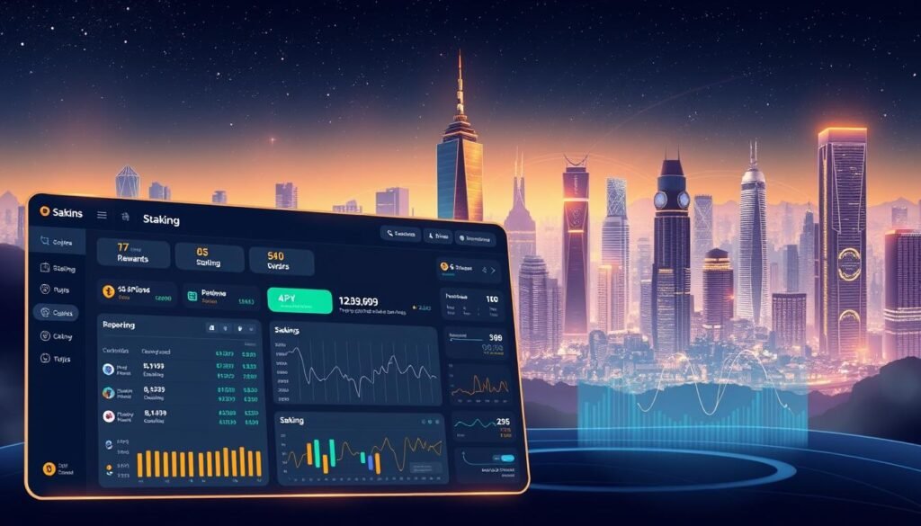 A detailed digital illustration of a cryptocurrency staking program interface. In the foreground, a sleek and intuitive dashboard showcases staking options, rewards, and transaction history. The middle ground features interactive graphs and charts that dynamically display staking performance, APY, and network activity. The background depicts a futuristic cityscape with glowing skyscrapers and a starry night sky, symbolizing the global reach and technological advancements of the crypto ecosystem. The lighting is crisp and modern, with a subtle glow emanating from the digital elements. The composition is balanced and visually appealing, capturing the essence of a comprehensive, user-friendly staking platform.