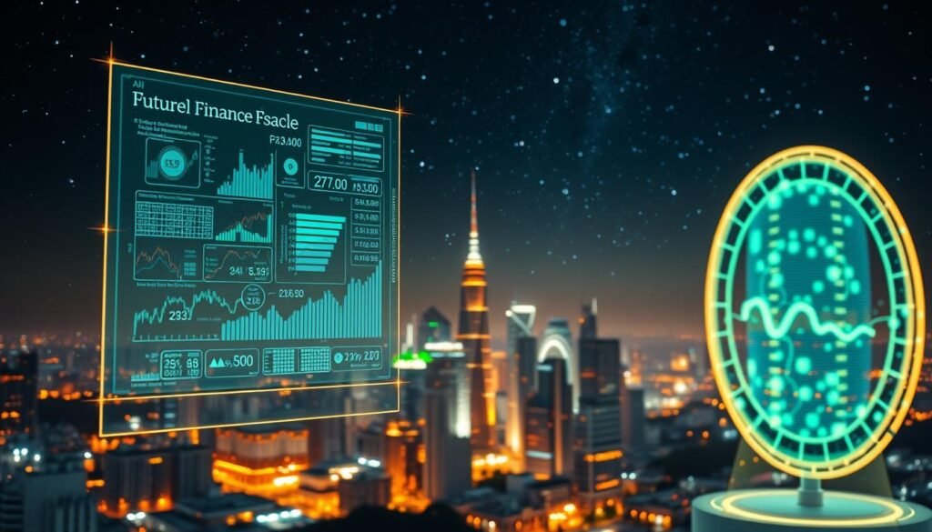 A detailed digital landscape showcasing the future fiscal perspectives of digital assets. In the foreground, a holographic display presents complex financial data and projections, illuminated by a soft, warm light. The middle ground features a cityscape of skyscrapers and modern architecture, symbolizing the integration of digital finance into the urban landscape. In the background, a starry night sky creates a sense of vastness and the boundless potential of the digital economy. The scene conveys a mood of innovation, technology, and the evolving fiscal landscape surrounding cryptocurrencies and other digital financial instruments.