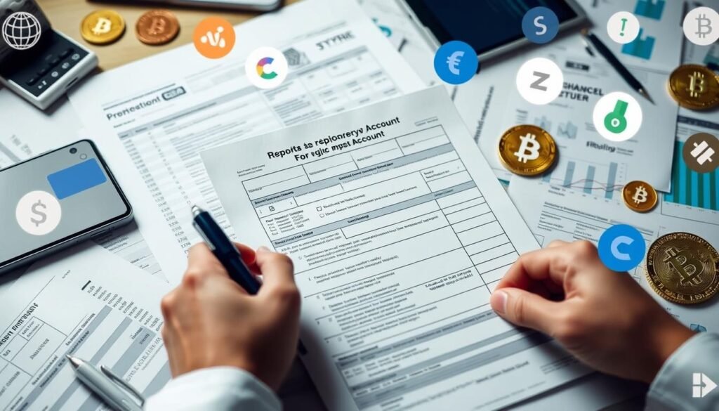 A detailed guide to reporting a foreign cryptocurrency account, displayed against a background of financial documents, digital devices, and cryptocurrency symbols. The foreground shows a person carefully filling out a tax form, surrounded by icons representing different digital wallets and exchange platforms. The lighting is soft and professional, creating a sense of focus and importance. The composition is balanced, with the form taking up a central position and the supporting elements framing it on all sides. The overall mood is one of diligence, responsibility, and financial awareness.
