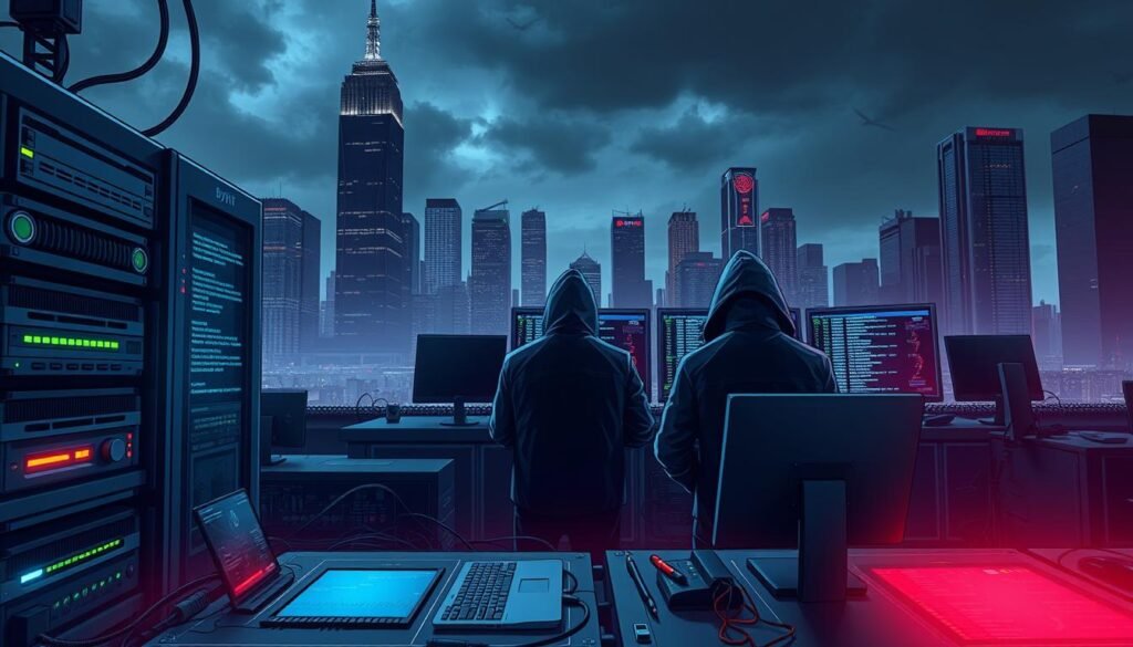A detailed, high-resolution digital illustration depicting a cybersecurity attack on the Bybit cryptocurrency exchange platform. The foreground shows a large data server with circuits and cables, surrounded by various hacking tools and devices. In the middle ground, a group of cybercriminals in hooded jackets and masks are intently monitoring multiple screens displaying lines of code and financial data. The background features a dark, ominous cityscape with towering skyscrapers and an overcast sky, conveying a sense of unease and vulnerability. The scene is illuminated by harsh, dramatic lighting to heighten the intensity and urgency of the situation, as if captured in the midst of the attack. The overall tone is one of technical complexity, malicious intent, and the high stakes involved in such a significant breach of a major cryptocurrency exchange.