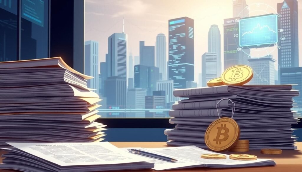 A detailed, high-resolution illustration of prudential requirements for crypto-assets. The foreground depicts a stack of official-looking documents, regulations, and guidelines, conveying the complex regulatory framework. The middle ground showcases various cryptocurrency symbols and icons, representing the crypto-asset industry. The background features a financial cityscape with skyscrapers, financial data screens, and a subtle glow, suggesting the broader economic context. The lighting is soft and directional, creating depth and emphasizing the formal, authoritative nature of the subject matter. The overall mood is one of seriousness, professionalism, and the importance of responsible regulation in the crypto-asset space.