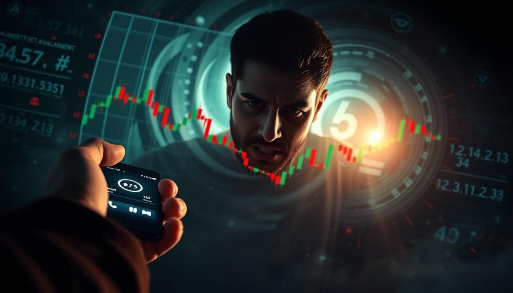 A detailed, high-resolution image of emotional triggers in the cryptocurrency market. In the foreground, a person's hand hesitantly reaching towards a ringing smartphone, their face expressing fear and uncertainty. In the middle ground, a graph displaying volatile price swings, with red and green candles representing market movements. In the background, a swirling digital landscape of blockchain data, cryptic symbols, and ominous shadows, creating an atmosphere of unease and sensory overload. Dramatic lighting casts dramatic shadows, emphasizing the emotional weight of the scene. Captured with a wide-angle lens to heighten the sense of immersion and unease.