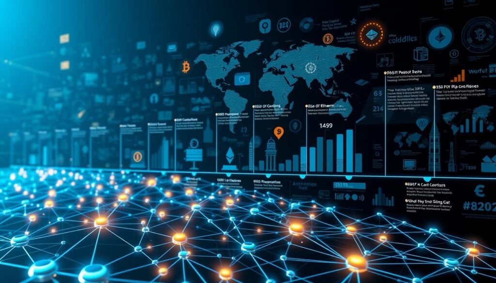 A detailed historical timeline depicting the evolution of blockchain technology. The foreground showcases a series of interconnected blockchain nodes, with vibrant data visualizations illustrating the growth and adoption of this revolutionary decentralized ledger system. The middle ground features key milestones and landmark events, such as the launch of Bitcoin, the rise of Ethereum, and the emergence of various blockchain platforms and applications. In the background, a collage of technological advancements, global financial systems, and societal shifts creates a contextual backdrop, highlighting the transformative impact of blockchain on the world. The composition is rendered in a sleek, futuristic style, using a palette of blues, grays, and metallic accents to convey the technical and innovative nature of this groundbreaking technology.