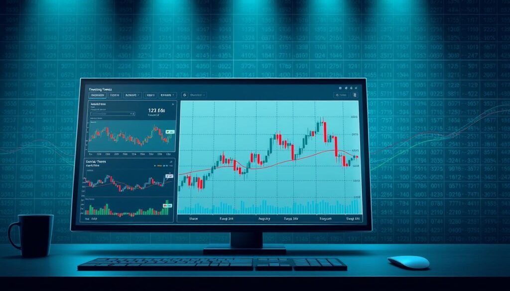 A detailed illustration depicting the core principles of the Dow Theory, a foundational technical analysis framework for financial markets. In the foreground, a sleek, modern data visualization dashboard showcases key technical indicators like moving averages, Fibonacci retracements, and candlestick patterns. The middle ground features a stylized chart with dynamic price action and volume, conveying the cyclical nature of market trends. In the background, a minimalist grid of stock tickers and financial data underscores the analytical nature of the subject. The overall scene is rendered in a cool, sophisticated color palette with dramatic lighting to evoke a sense of intellectual rigor and professional financial analysis.