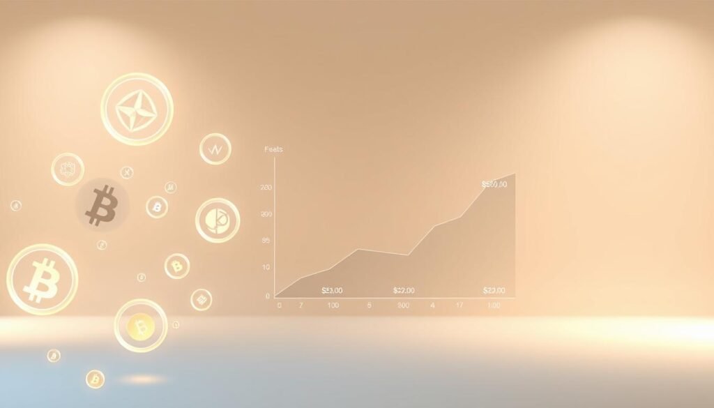 A detailed illustration of cryptocurrency transaction fees, captured in a clean, minimalist style. In the foreground, a series of cryptocurrency icons and symbols float delicately, each encased in a softly glowing aura. The middle ground features a sleek, angular graph depicting the comparative costs of various crypto platforms, rendered in a sophisticated, data-driven aesthetic. The background is a serene gradient, allowing the key visual elements to take center stage and communicate the impact of fees on crypto transactions with clarity and precision. Soft, directional lighting casts subtle shadows, enhancing the sense of depth and emphasizing the nuanced details. The overall mood is one of informative professionalism, guiding the viewer through the complex world of cryptocurrency costs.