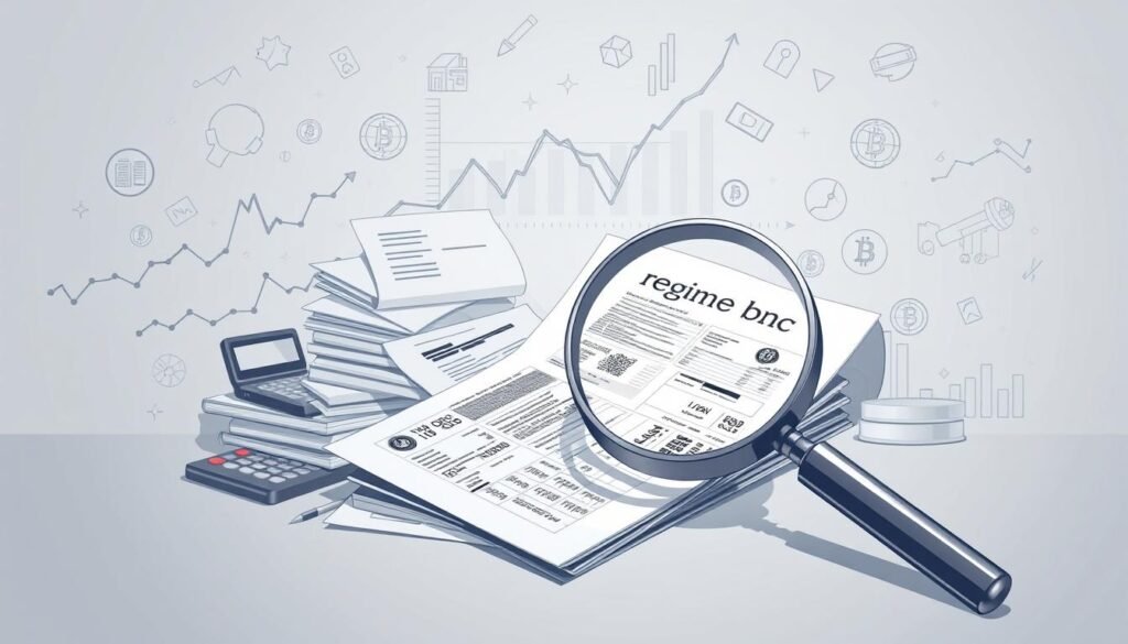 A detailed illustration of "régime bnc" against a backdrop of financial graphs, ledgers, and crypto-related icons. In the foreground, a magnifying glass hovers over a section of complex tax forms, symbolizing the intricacies of declaring crypto-related income. The middle ground features a stack of documents, a calculator, and other accounting tools, emphasizing the administrative tasks involved. The background showcases a muted, monochromatic color scheme with subtle hints of digital patterns and blockchain-inspired visuals, creating a sense of technical sophistication. Soft, directional lighting illuminates the scene, adding depth and a contemplative mood. A detailed illustration of "régime bnc" against a backdrop of financial graphs, ledgers, and crypto-related icons. In the foreground, a magnifying glass hovers over a section of complex tax forms, symbolizing the intricacies of declaring crypto-related income. The middle ground features a stack of documents, a calculator, and other accounting tools, emphasizing the administrative tasks involved. The background showcases a muted, monochromatic color scheme with subtle hints of digital patterns and blockchain-inspired visuals, creating a sense of technical sophistication. Soft, directional lighting illuminates the scene, adding depth and a contemplative mood.