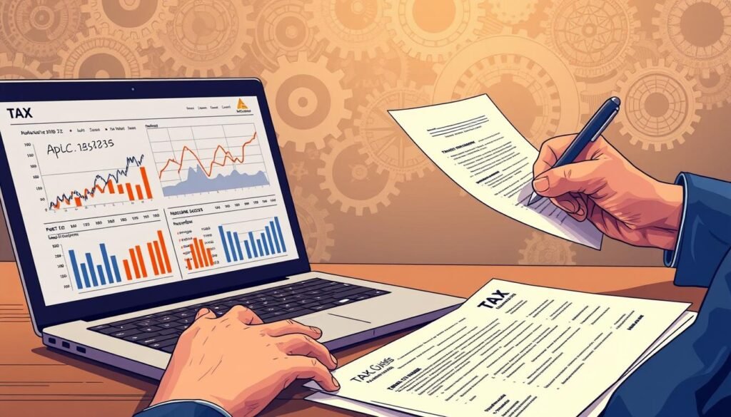 A detailed illustration of the fiscal regime governing digital assets, depicting a thoughtful and serious tone. In the foreground, a laptop displays graphs and charts representing the complex tax calculations involved. In the middle ground, a hand carefully fills out official tax forms, reflecting the meticulous attention required. The background features an abstract pattern of interlocking gears and cogs, symbolizing the intricate legal and financial mechanisms at play. The overall scene is illuminated by a warm, subdued lighting, conveying a sense of professionalism and diligence in navigating the nuances of digital asset taxation.