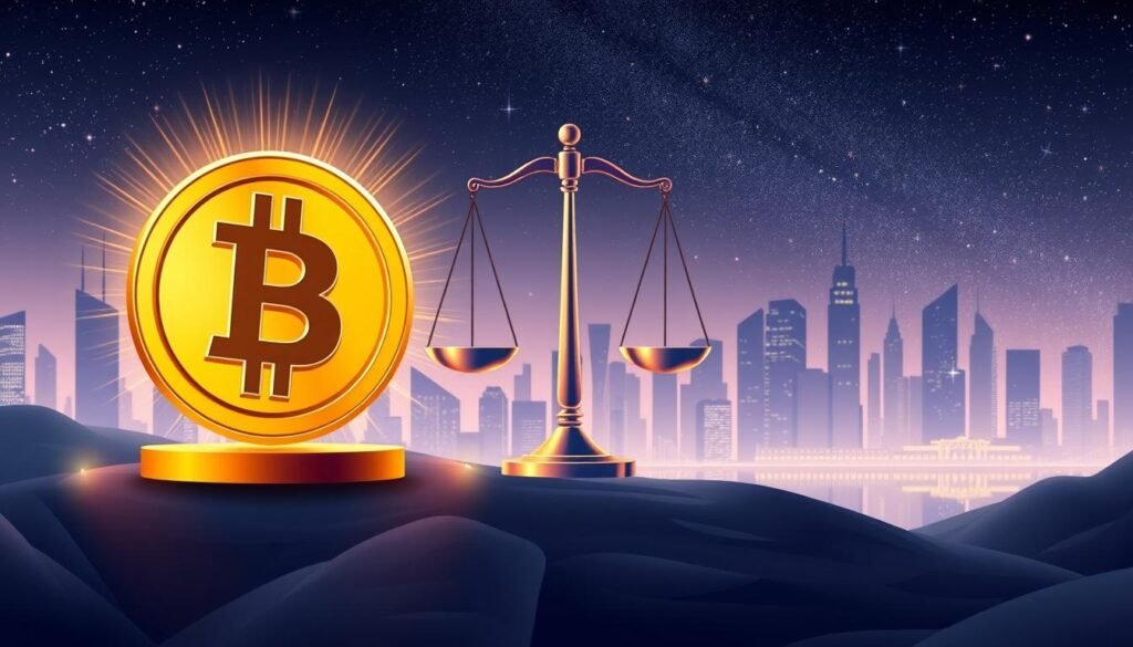 A detailed illustration showcasing the advantages and risks of cryptocurrency staking. In the foreground, a golden staking icon representing the passive income and rewards, surrounded by a radiant glow. In the middle ground, balanced scales symbolizing the equilibrium between the upsides and downsides. In the background, a cityscape with skyscrapers and a starry night sky, evoking the digital, technological nature of the crypto ecosystem. Lighting is soft and ambient, with a sense of depth and perspective. The overall mood is one of thoughtful contemplation, highlighting the need to carefully weigh the potential benefits and pitfalls of staking digital assets.