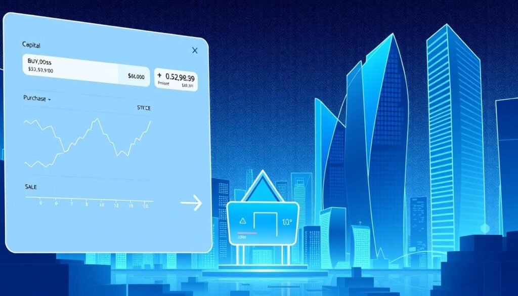 A detailed illustration showcasing the calculation of digital asset capital gains. The foreground features a clean, minimalist user interface with charts, graphs, and input fields for entering purchase and sale prices. The middle ground depicts a stylized digital wallet or cryptocurrency exchange platform, with sleek icons and a polished, high-tech aesthetic. The background sets the scene with a cityscape of modern, angular skyscrapers bathed in cool, blue-tinted lighting, conveying a sense of technological advancement and financial sophistication. The overall mood is one of precision, clarity, and the empowerment of individual investors navigating the complexities of the digital asset landscape.