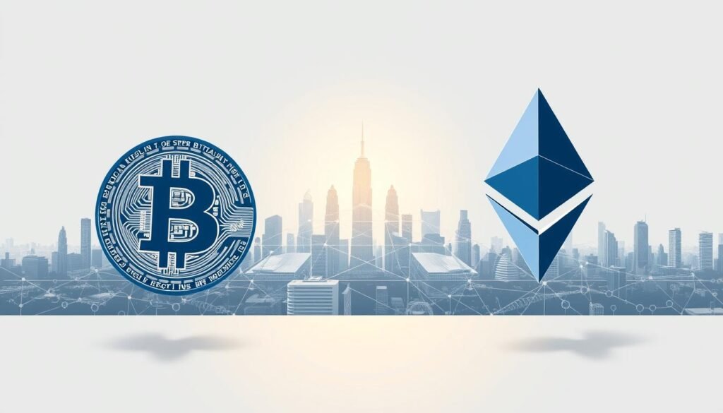 A detailed schematic illustration depicting the origins and foundations of Bitcoin and Ethereum. In the foreground, a pair of intricately designed, geometric cryptocurrency symbols representing Bitcoin and Ethereum hover against a neutral background. In the middle ground, a series of abstract, interconnected shapes and lines symbolize the underlying blockchain technology, cryptography, and distributed ledger principles that form the basis of these digital currencies. In the distant background, a futuristic cityscape with gleaming skyscrapers and advanced infrastructure serves as a metaphor for the transformative potential of these pioneering cryptocurrency platforms. The overall scene conveys a sense of technical sophistication, innovation, and the dawn of a new era in global finance and technology. A detailed schematic illustration depicting the origins and foundations of Bitcoin and Ethereum. In the foreground, a pair of intricately designed, geometric cryptocurrency symbols representing Bitcoin and Ethereum hover against a neutral background. In the middle ground, a series of abstract, interconnected shapes and lines symbolize the underlying blockchain technology, cryptography, and distributed ledger principles that form the basis of these digital currencies. In the distant background, a futuristic cityscape with gleaming skyscrapers and advanced infrastructure serves as a metaphor for the transformative potential of these pioneering cryptocurrency platforms. The overall scene conveys a sense of technical sophistication, innovation, and the dawn of a new era in global finance and technology.
