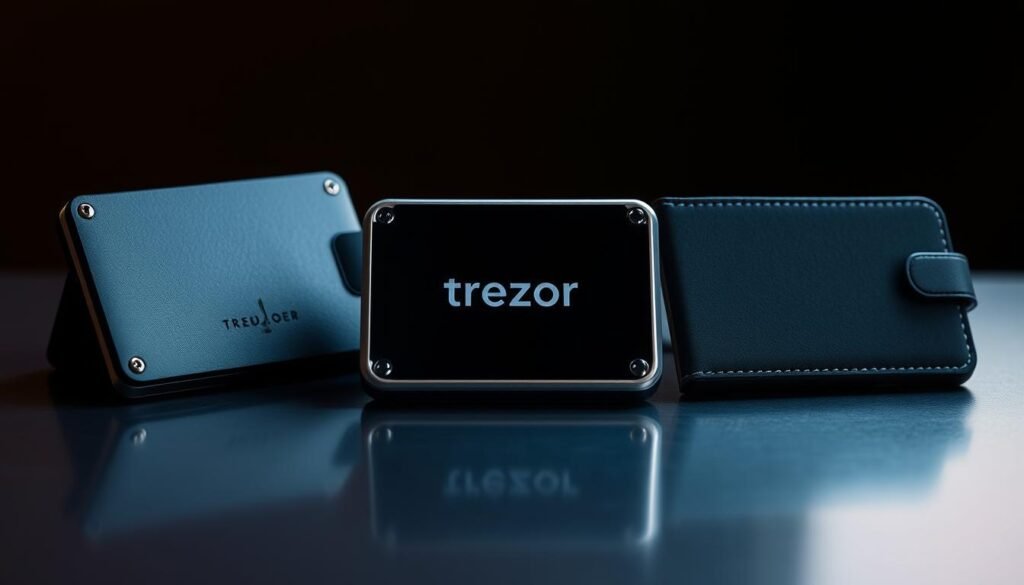 A detailed still life composition showcasing three premium cryptocurrency hardware wallets - Trezor, NGrave, and CoolWallet. The wallets are arranged on a sleek, reflective surface, illuminated by a soft, warm light that casts subtle shadows. The Trezor device is centrally positioned, its clean, minimalist design highlighted. The NGrave and CoolWallet flanking it offer contrasting shapes and textures, creating a visually balanced arrangement. The lighting accentuates the matte finishes, metallic accents, and compact profiles of the wallets, conveying a sense of premium quality and security. The overall mood is sophisticated, high-tech, and confidence-inspiring, reflecting the importance of storing digital assets safely.