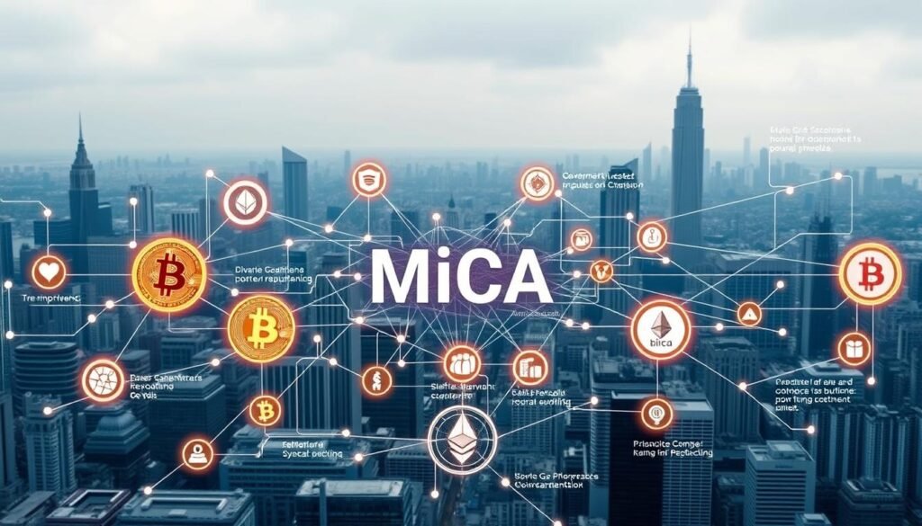 A detailed, technical diagram depicting the impact of the European MiCA cryptocurrency regulation. The central focus is a complex, futuristic-looking blockchain network with interconnected nodes, data flows, and security protocols. In the foreground, various cryptocurrency symbols (Bitcoin, Ethereum, etc.) are shown being integrated and regulated within this new framework. The middle ground features government institutions, regulatory bodies, and financial authorities overseeing the implementation of MiCA. The background showcases a cityscape with towering skyscrapers, reflecting the broader economic and technological landscape affected by these new crypto policies. The overall mood is one of precision, innovation, and responsible oversight, conveying the significance of MiCA's influence on the evolving crypto market.