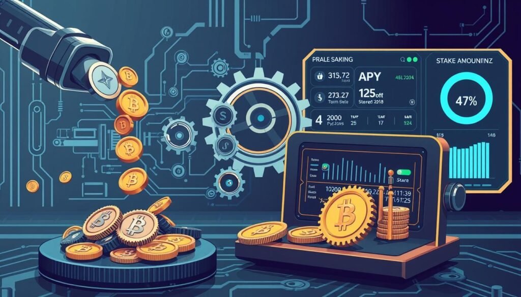 A detailed technical diagram depicting the staking reward mechanism. In the foreground, a clear visual representation of the staking process, with various cryptocurrencies or tokens being deposited into a staking wallet. In the middle ground, a series of interconnected gears, cogs, and levers illustrating the inner workings of the reward calculation and distribution system. In the background, a sleek, futuristic interface showcasing real-time staking metrics, such as APY, total staked amount, and reward payouts. The overall scene should convey a sense of precision, efficiency, and the seamless integration of blockchain technology with traditional financial mechanics. Rendered in a high-contrast, technical illustration style with a cool, muted color palette to evoke a sense of professionalism and authority. A detailed technical diagram depicting the staking reward mechanism. In the foreground, a clear visual representation of the staking process, with various cryptocurrencies or tokens being deposited into a staking wallet. In the middle ground, a series of interconnected gears, cogs, and levers illustrating the inner workings of the reward calculation and distribution system. In the background, a sleek, futuristic interface showcasing real-time staking metrics, such as APY, total staked amount, and reward payouts. The overall scene should convey a sense of precision, efficiency, and the seamless integration of blockchain technology with traditional financial mechanics. Rendered in a high-contrast, technical illustration style with a cool, muted color palette to evoke a sense of professionalism and authority.
