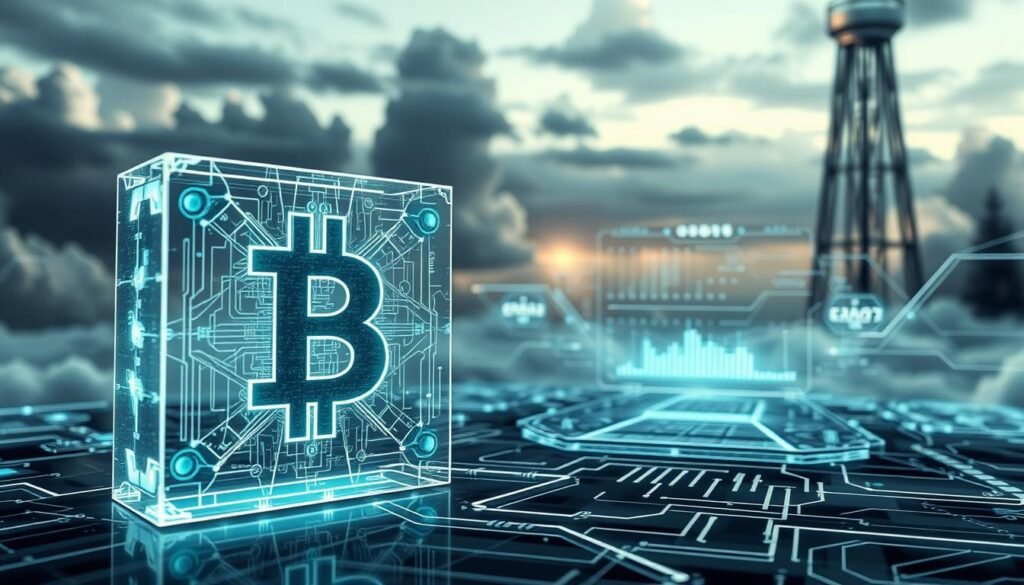 A detailed technical illustration of blockchain validation mechanisms. In the foreground, a transparent blockchain block glows with a complex network of interconnected nodes and cryptographic hashes. In the middle ground, a futuristic interface displays real-time transaction validation data, with flowing lines and geometric shapes. The background features a moody, atmospheric landscape of clouds and metallic structures, evocative of the technological power underlying cryptocurrency systems. Realistic lighting, depth of field, and a muted color palette convey the serious, high-stakes nature of blockchain operations. The image should convey the sophisticated, cutting-edge technology powering modern digital currencies.