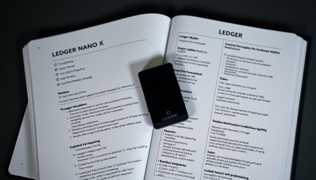 A detailed technical ledger display with the Ledger Nano X device prominently showcased. The ledger pages depict various specifications and technical details about the hardware wallet, presented in a sleek, minimalist design. The device is illuminated by soft, directional lighting, casting subtle shadows and highlights to accentuate its form. The background is a muted, monochromatic tone, placing the focus squarely on the technical information and the Nano X itself. The composition is well-balanced, with the ledger pages and device occupying the central space, framed by negative space. The overall mood is professional, informative, and visually appealing, befitting the subject matter.