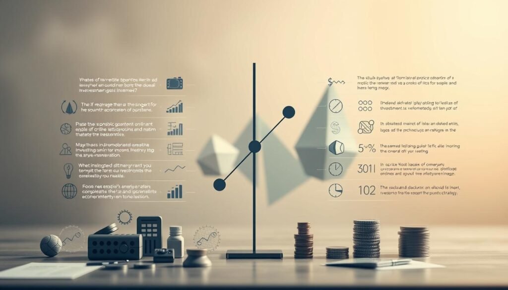 A detailed visual comparison of investment strategies, showcasing the key features and differences between them. The foreground depicts various financial icons and symbols, representing the different investment approaches. The middle ground features abstract geometric shapes and data visualizations, highlighting the analytical and mathematical aspects of investment strategies. The background is a soft, muted palette, creating a sense of contemplation and thoughtfulness. Diffused lighting casts a warm, introspective glow, inviting the viewer to ponder the complexities of investment decision-making. The overall composition conveys a sense of balance, complexity, and the importance of strategic planning in the world of finance.