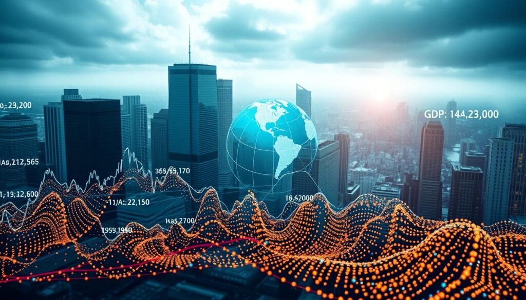 A detailed, wide-angle view of macroeconomic factors influencing the cryptocurrency market. In the foreground, a scatter plot of economic indicators like inflation, interest rates, and GDP growth, with digital currency price fluctuations overlaid. In the middle ground, a globe representing the interconnected global economy, with data streams and financial flows connecting it to the crypto landscape. In the background, a cityscape of towering skyscrapers, symbolizing the complex financial infrastructure underlying the digital asset ecosystem. The scene is bathed in a cool, analytical lighting, conveying a sense of data-driven analysis and economic modeling. The overall mood is one of systematic, data-driven assessment of the macroeconomic forces shaping the future of cryptocurrencies.