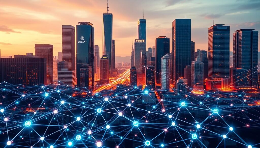 A digital landscape of decentralized finance (DeFi) and decentralized applications (dApps). In the foreground, a dynamic network of interconnected blockchain nodes, each pulsing with data flows. In the middle ground, a diverse array of DeFi platforms and dApps, represented by holographic icons and interfaces. The background features a cityscape of towering skyscrapers, their glass facades reflecting the technological advancements of the decentralized ecosystem. Warm, ambient lighting casts a futuristic glow, while a sense of complexity and interconnectivity permeates the scene. The overall composition conveys the innovative and disruptive potential of decentralized finance and applications.