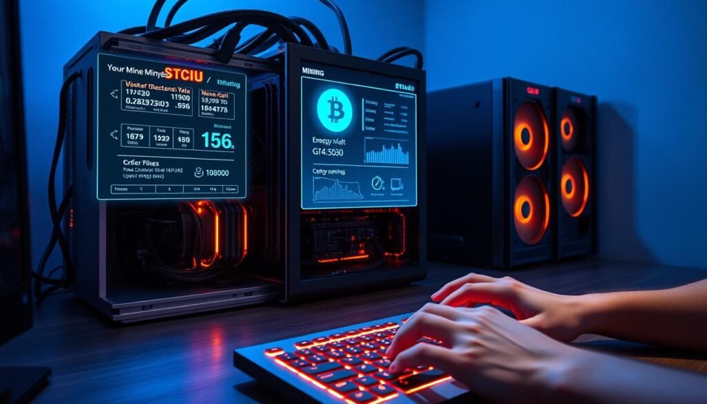 A dimly lit mining rig setup, its metal chassis glowing with the heat of active GPUs. Cables snake across the desk, connecting the rig to power sources and network. A holographic display projects real-time data on mining rates, energy consumption, and Bitcoin earnings. The room is bathed in a cool blue light, creating an atmospheric and technical ambiance. In the foreground, a pair of miner's hands type commands on a sleek keyboard, directing the rig's operations. The overall scene conveys the meticulous process of Bitcoin mining, where computational power is harnessed to unlock the blockchain's rewards.