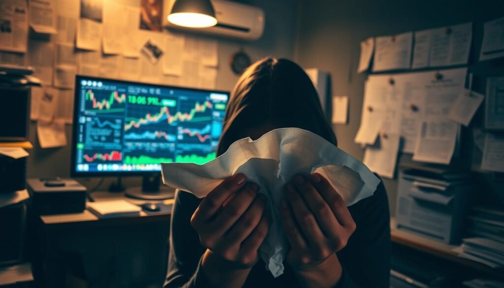 A dimly lit office interior, with a cluttered desk and a computer monitor displaying various cryptocurrency charts and graphs. In the foreground, a person's hands are holding crumpled paper documents, their face obscured in shadow, conveying a sense of distress and anguish. The walls are adorned with news clippings and handwritten notes, hinting at the victim's journey through the crypto-related scam. Soft, warm lighting illuminates the scene, creating an atmosphere of vulnerability and despair. The overall composition suggests the personal, human impact of cryptocurrency-based fraud and the lasting trauma experienced by its victims.