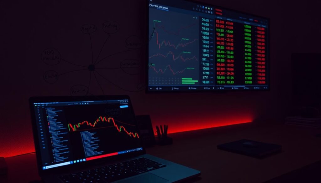 A dimly lit trading desk, cast in a warm, muted glow. In the foreground, a laptop displays a crypto trading interface, lines of code and candlestick charts visible. Next to it, a hand-drawn mind map explores the emotions and cognitive biases that influence investment decisions - fear, greed, herd mentality, overconfidence. In the background, a wall-mounted display showcases a variety of digital assets, their prices fluctuating rhythmically. The overall atmosphere is one of introspection and self-awareness, as the investor navigates the complex psychology underlying their crypto trading strategy.