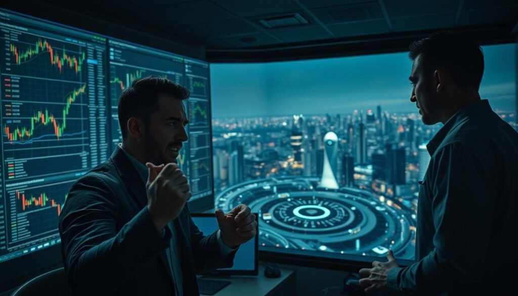 A dimly lit trading floor, emotions palpable as traders scrutinize cryptocurrency charts. In the foreground, a figure gesticulates wildly, face etched with the agony of a losing position. Their counterpart, hands clenched in determination, radiates a steely resolve. Across the middle ground, a swirling vortex of data visualizations, candlestick patterns, and digital tokens, reflecting the chaos and complexity of the market. In the background, a panoramic view of a bustling city skyline, a constant reminder of the scale and interconnectedness of the global financial landscape. Chiaroscuro lighting casts dramatic shadows, heightening the sense of tension and high-stakes decision-making. The overall atmosphere conveys the emotional rollercoaster of cryptocurrency trading, where fortunes can be made or lost in the blink of an eye.
