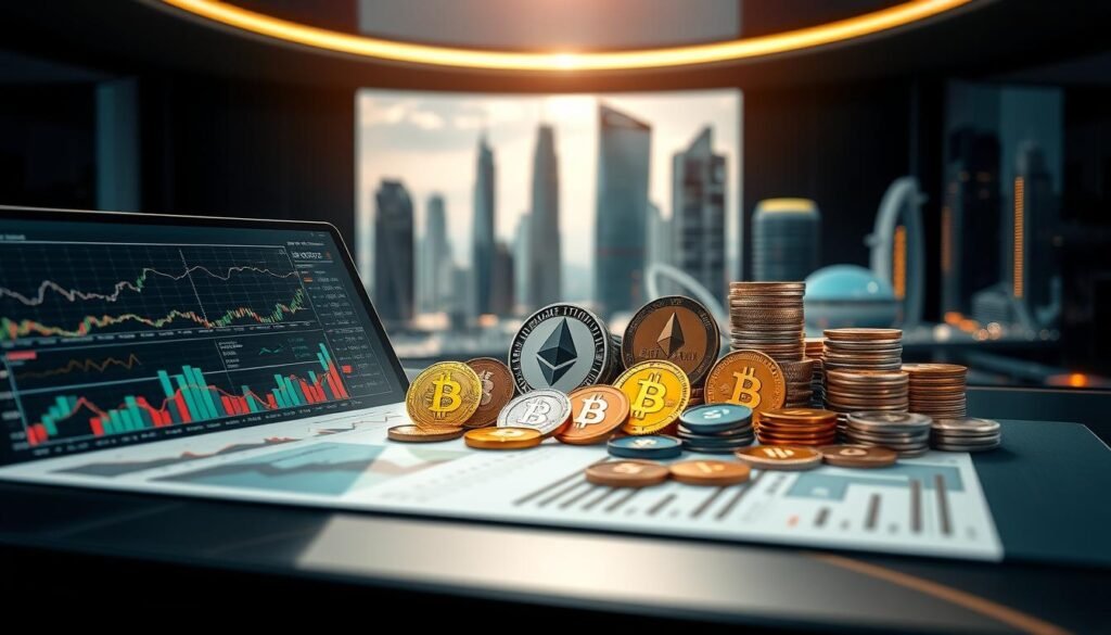 A diverse array of cryptocurrency investment strategies unfolds in a sleek, modern setting. In the foreground, a financial dashboard displays charts, graphs, and cryptocurrency icons, reflecting the complexities of a balanced crypto portfolio. The middle ground features various crypto assets - Bitcoin, Ethereum, altcoins - arranged harmoniously, symbolizing diversification. In the background, a cityscape of towering skyscrapers and futuristic architecture sets the scene, evoking the cutting-edge and dynamic nature of the crypto world. Soft lighting casts a warm, authoritative glow, while a subtle depth of field emphasizes the carefully considered composition. This image captures the essence of a well-diversified crypto investment strategy.