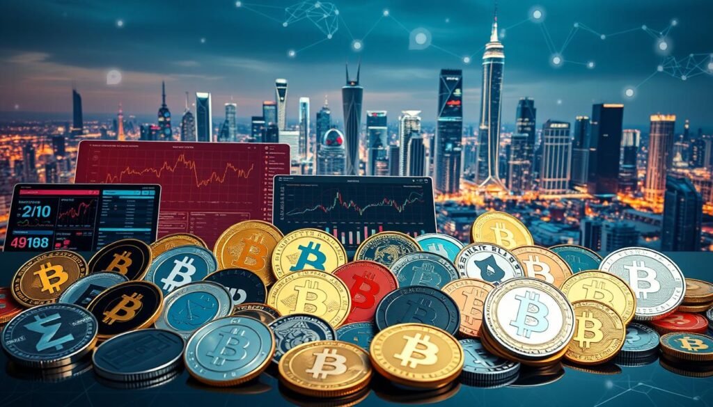 A diverse portfolio of cryptocurrencies lies against a backdrop of sleek digital interfaces, data visualizations, and geometric patterns. The foreground features a range of digital tokens, each with its own unique icon or logo, arranged in a balanced and aesthetically pleasing composition. The middle ground showcases interactive charts, graphs, and analytics dashboards, highlighting the data-driven nature of crypto investing. In the background, a futuristic cityscape of skyscrapers and interconnected networks conveys the technological infrastructure supporting the cryptoeconomy. Warm lighting and a cool color palette create a sense of balance, professionalism, and financial stability.